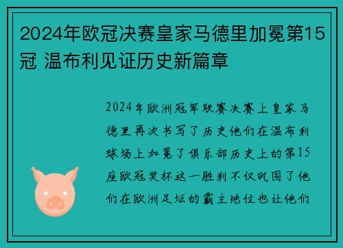 2024年欧冠决赛皇家马德里加冕第15冠 温布利见证历史新篇章