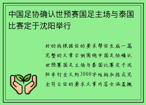 中国足协确认世预赛国足主场与泰国比赛定于沈阳举行